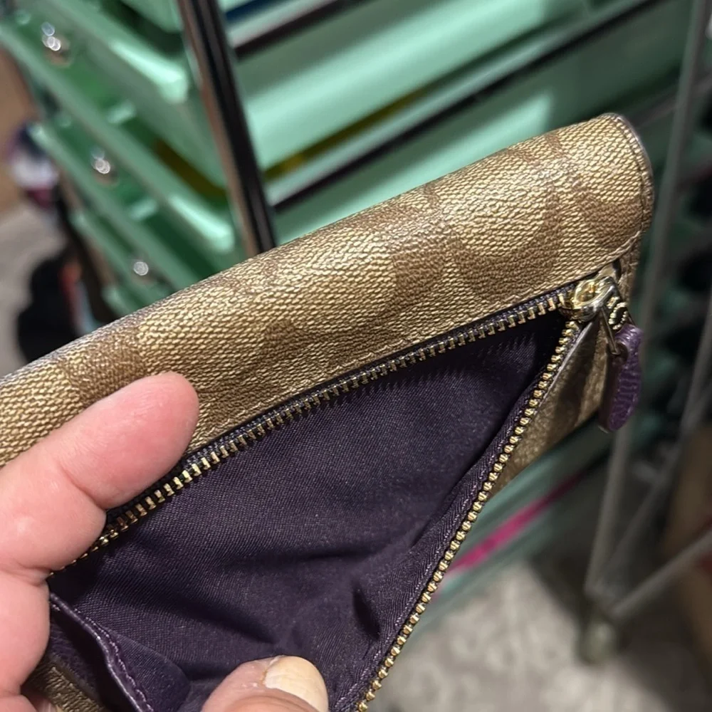 Coach wristlet wallet tan purple signature C leather